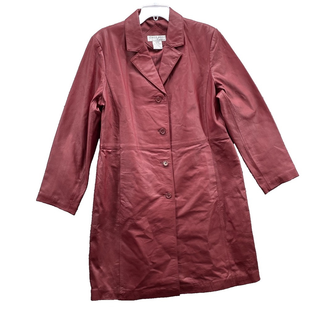 Tower Hill 100% Leather Coat Women 16 Red Trench Academia Corpcore 90s Biker Y2k